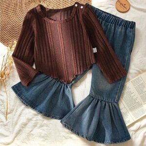 Kids Rib-knit Asymmetrical Hem Top and Flare Denim Pants